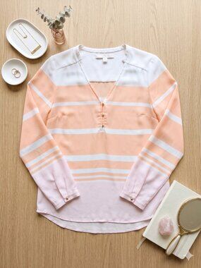 Peach, Pink & White Striped V-Neck Long-Sleeve Top